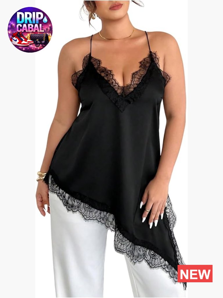 Plus Size Lace Trim V Neck Spaghetti Strap Cami Asymmetrical Long Tank Top